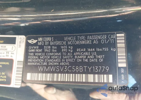 2011 Mini Cooper S из США, поврежденный, VIN WMWSV3C58BTY13779